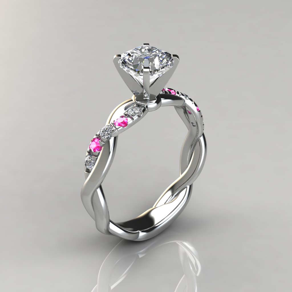Twist Cushion Cut Pink Sapphire And Moissanite Engagement Ring | Forever Moissanite